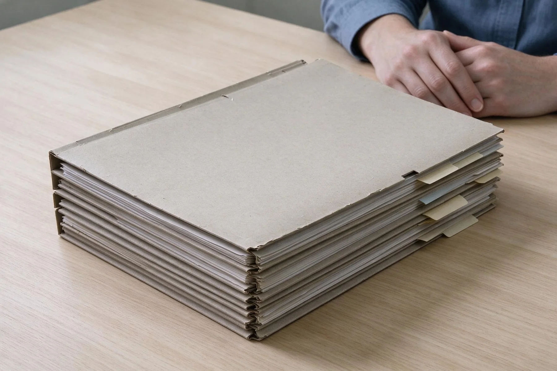 Ordentlich gestapelte Dokumentenmappen aus Naturpapier auf einem Schreibtisch.