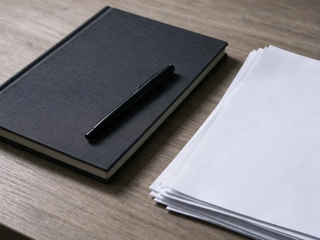 Aufgeräumter Schreibtisch mit Notizbuch und Arbeitsunterlagen im natürlichen Licht.