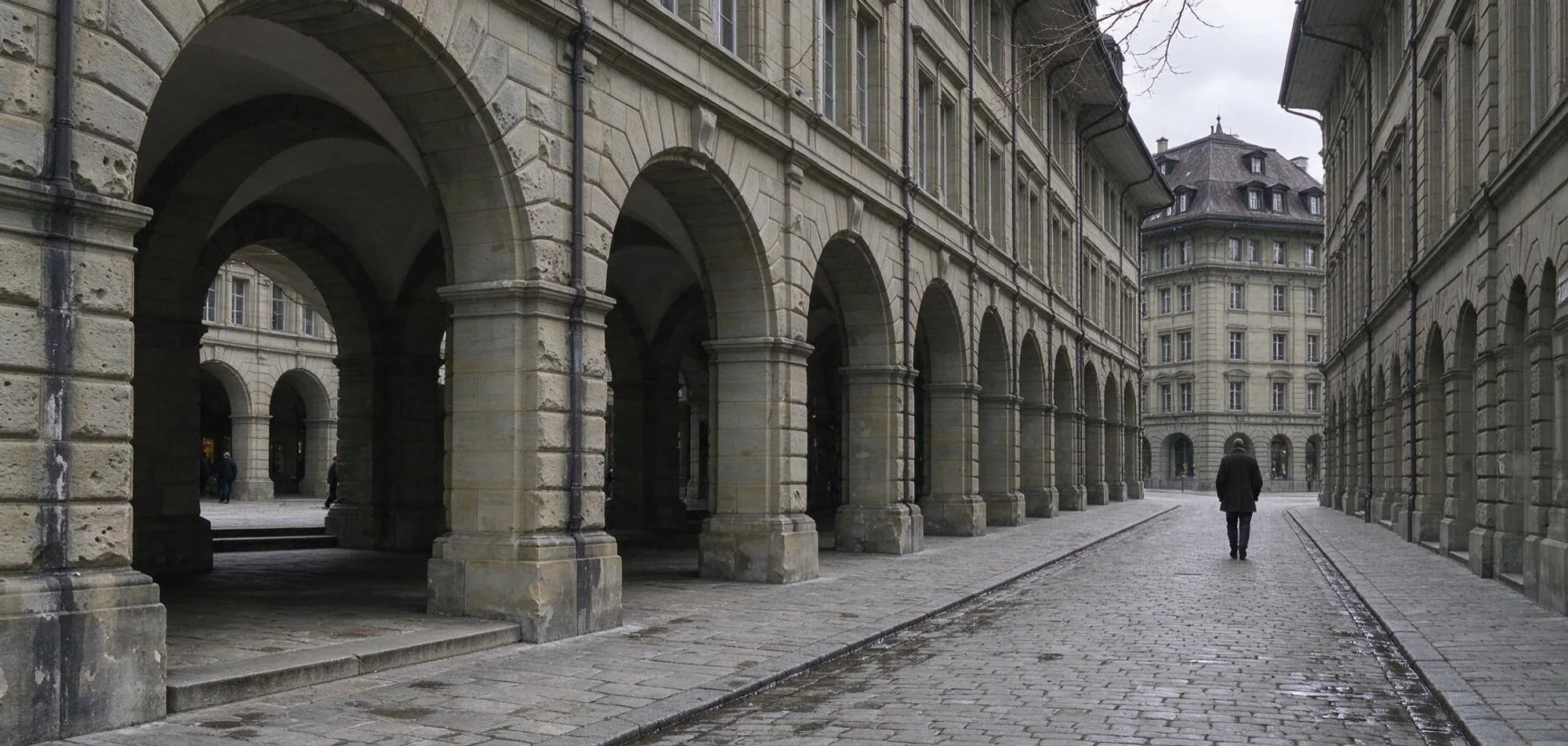 Historische Arkaden und Steinfassaden in Bern im ruhigen Tageslicht.