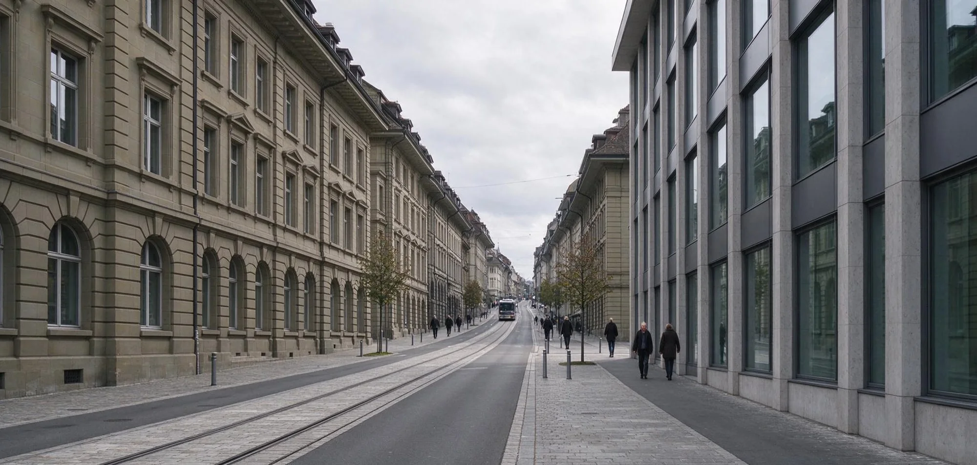 Klassische Berner Gebäudefassade mit klaren Linien unter ruhigem Tageslicht.