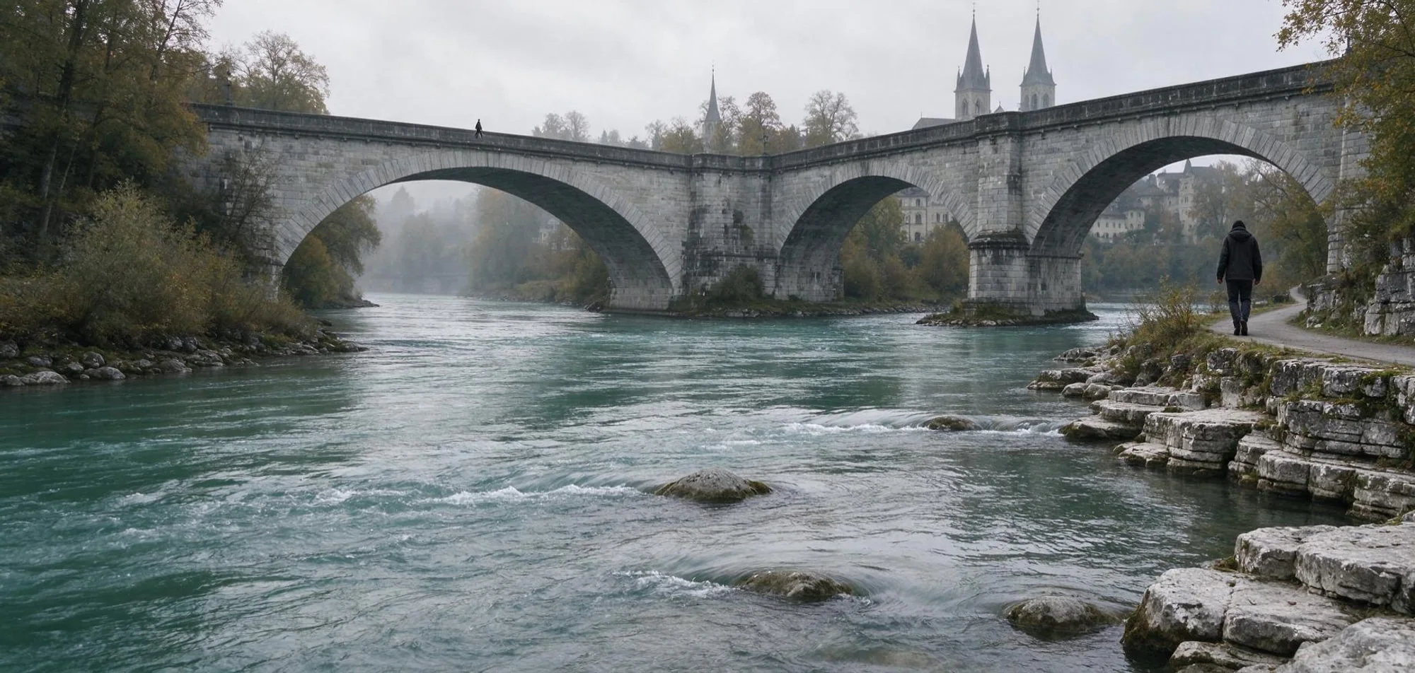 Ruhiger Wasserlauf der Aare mit historischer Steinbrücke in Bern.